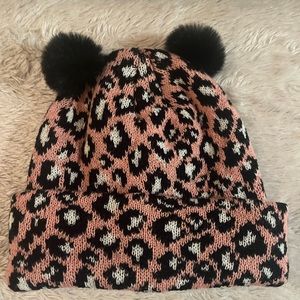 NWOT pink leopard print Pom Pom beanie